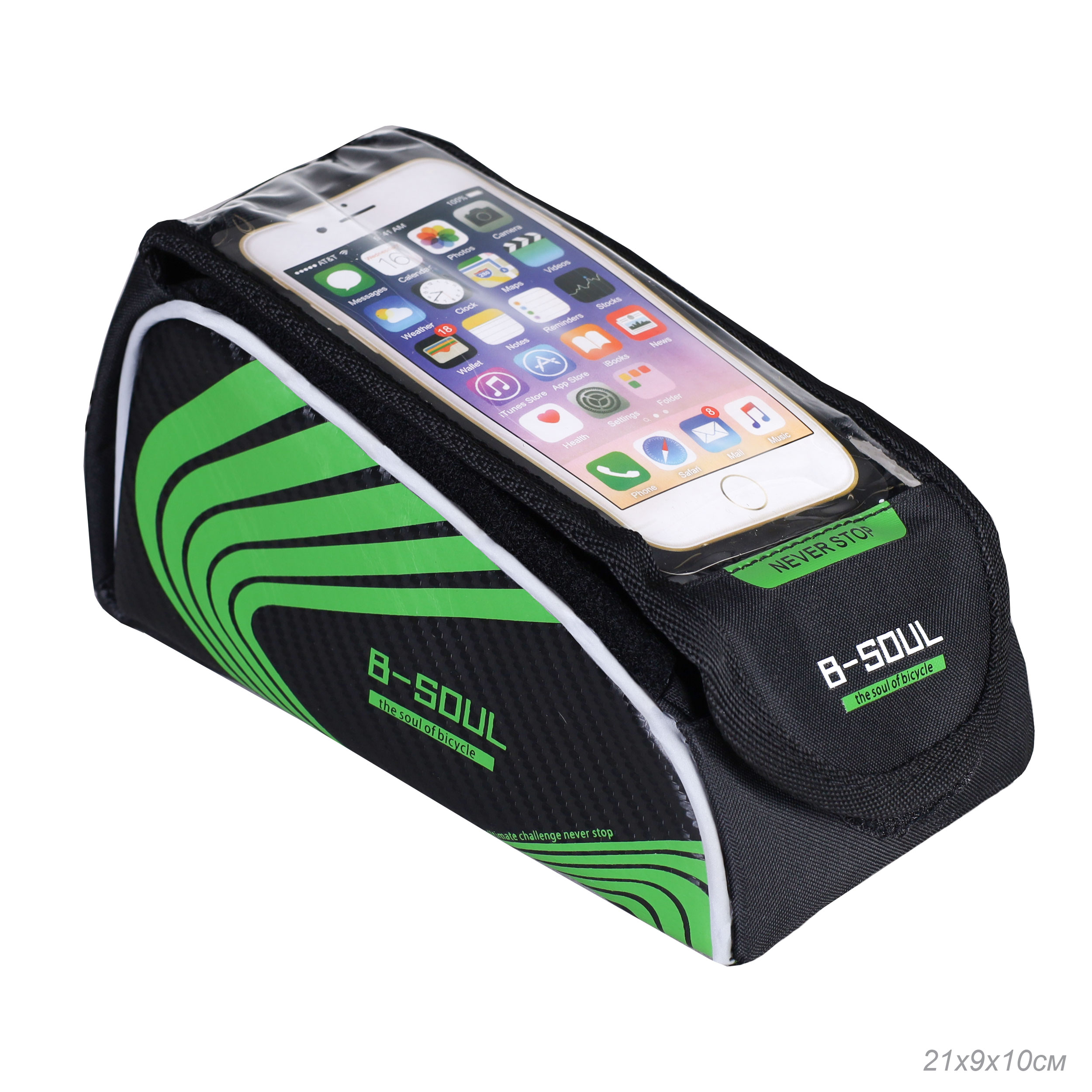 Сумка велосипедная на раму BICYCLE SOUL TPU стенки корпуса с отделением для смартфона основной отсек на липучке velcro чёрно-зелёная 21х9х10см /уп 50/
