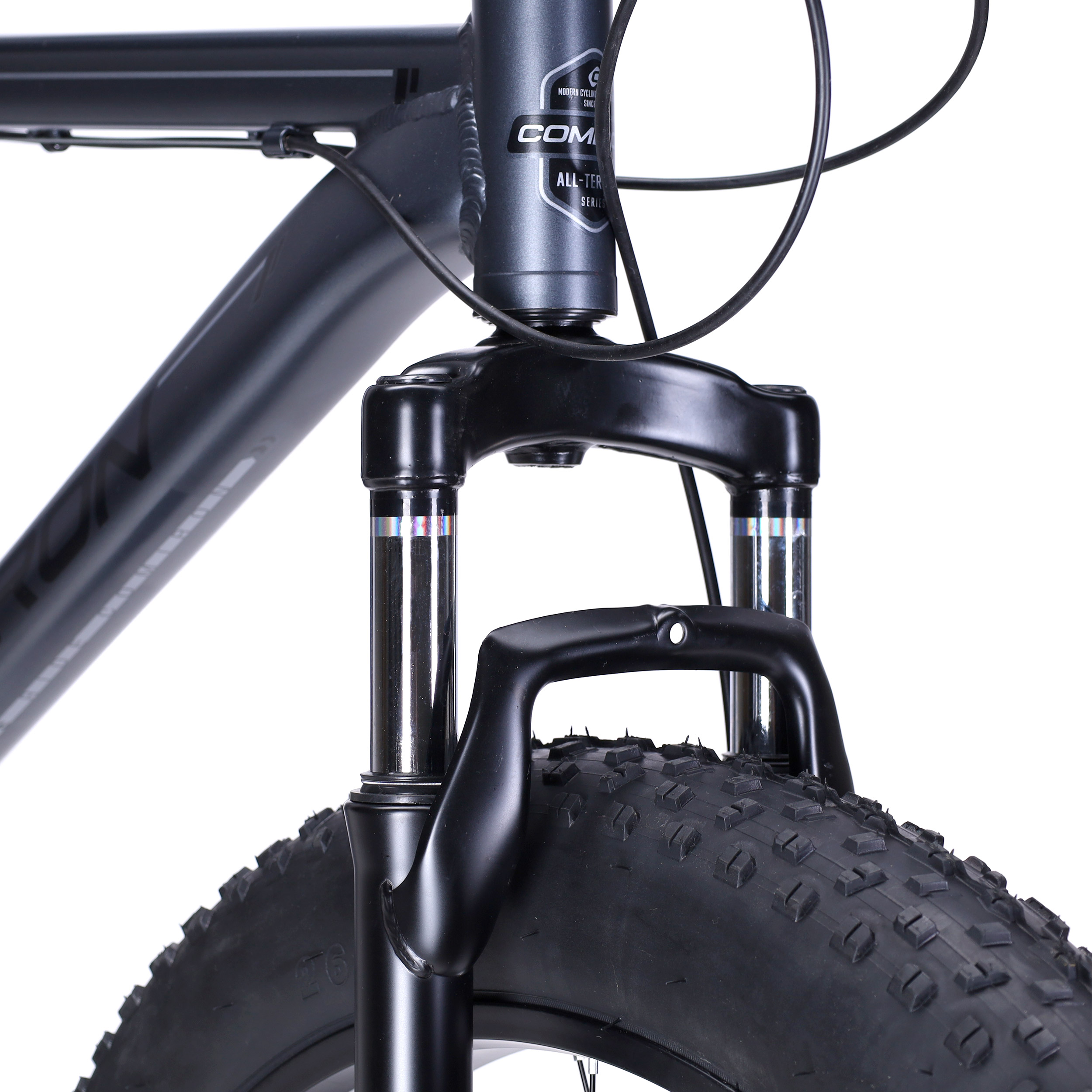 Велосипед фэт-байк 26"x4" рама 19" COMIRON CHUBBY, 1*10sp L-TWOO, 34T, CASSETE 11-42T, SUSPENSION, чёрно-серый mustang