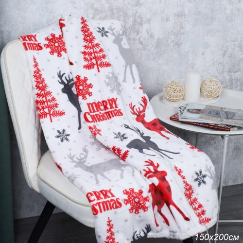 Плед флисовый 150х200 см Белый с Оленями / GP611-2 /уп 20/100/ 696140 новогодний
