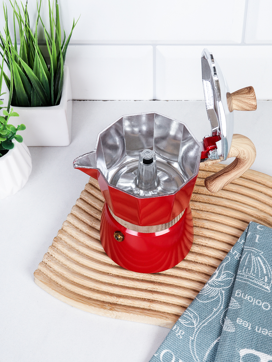 Кофеварка гейзерная 150 мл 3 чашки Красная / RX150-540 /уп 36/