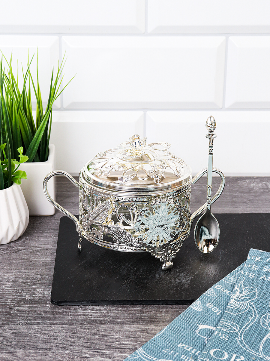 Сахарница с ложкой / 994-7-SILVER /уп 96/