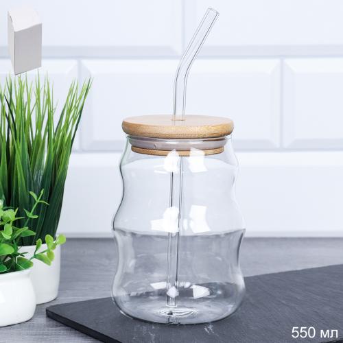 Банка стакан для смузи с трубочкой бамбуковая крышка 550 мл / LCWB4746 /уп 97/*Ц