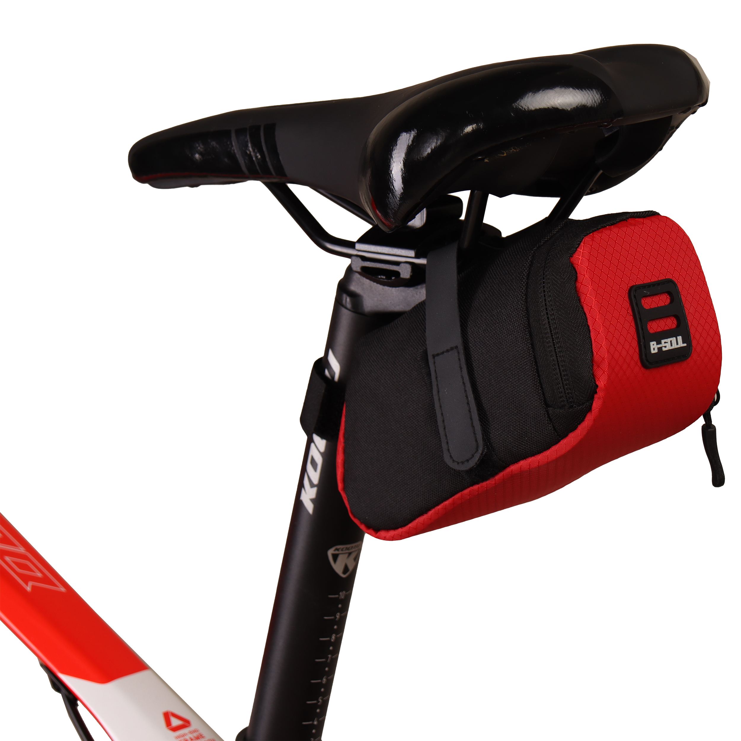 Сумка велосипедная подседельная BICYCLE SOUL, отделение на молнии, крепление velcro, чёрно-красная, 0.6 лт.,15х7х7см. /уп 50