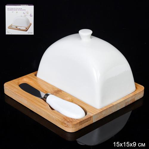 Масленка и нож 15х9 см / JD7322 /уп 36/ на деревянной подставке