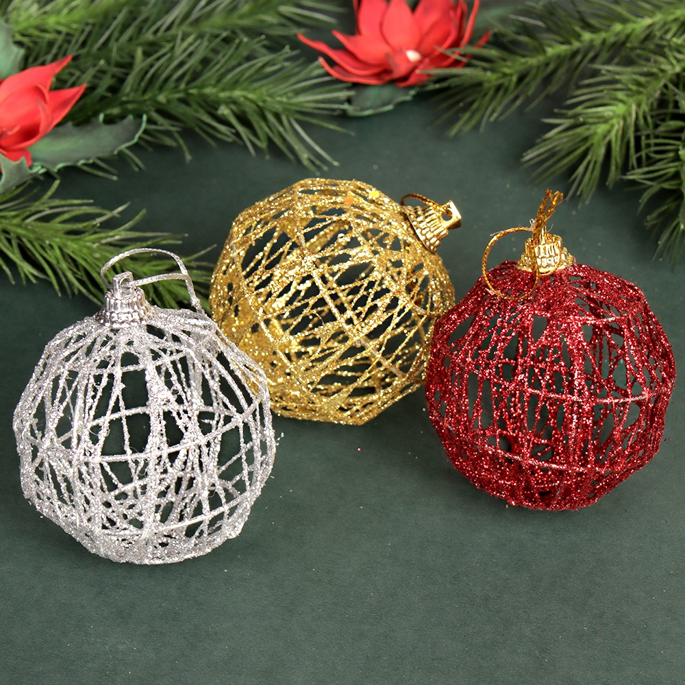 Елочное украшение Шар Ажурный 6 штук 6 см / SF2023-125 /уп 133/ зол. сер. кр.