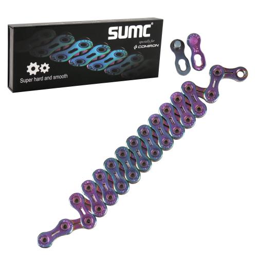 Велосипедная цепь SUMC SX12SL, 12 speed, 1/2"x11/128", 126 звеньев, суперлайт 244 г (SHIMANO M9100 / KMC DLXC12), ГОСТ 30442-97 ISO 9633, RAINBOW/уп25