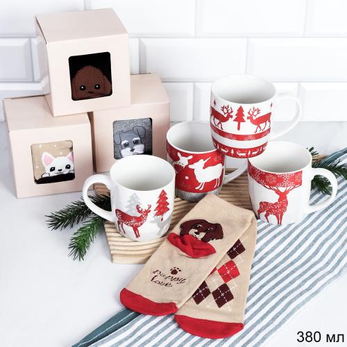 Подарочный набор Кружка новогодняя 380 мл+ носки / H012-2/ в подарочной упаковке /АКЦИЯ