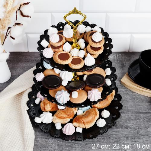 Ваза для фруктов 3-х ярусная 18/22/27 Круг черная / D-1260 /уп 80/ Пластик