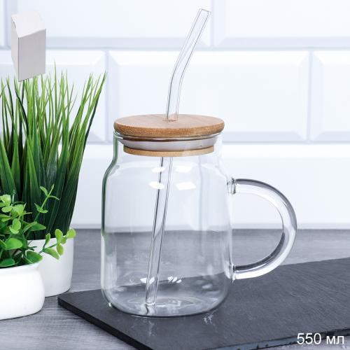 Кружка для смузи с трубочкой бамбуковая крышка 550 мл / LCTP11507 /уп 97/