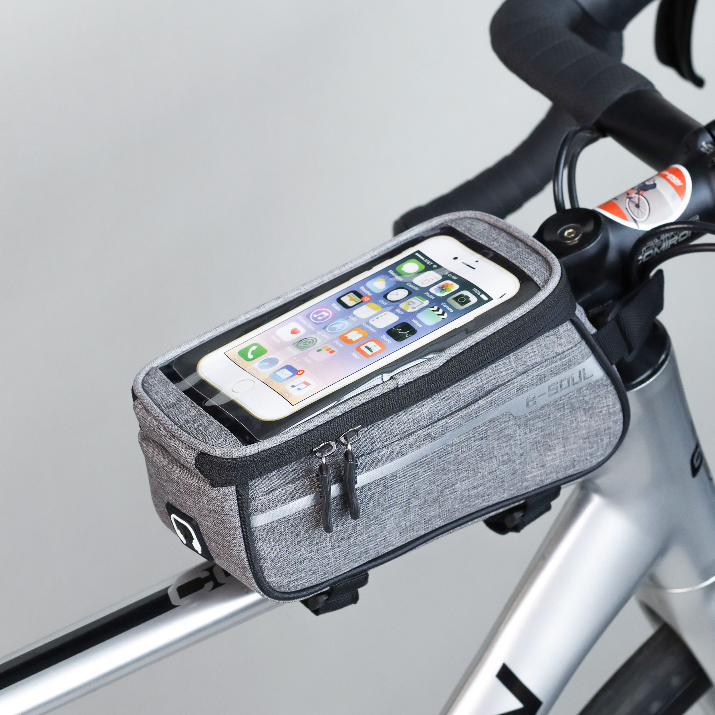 Сумка велосипедная на раму BICYCLE SOUL, с отделением для смартфона 6.0", основной отсек на молнии, серая, 21x10.5x9см. /уп 50/