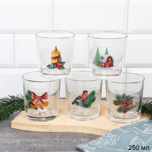 Стакан 250 мл "Зимние узоры" / Д048/133 /уп 6/ низкий Новогодний/ ШТУЧКА