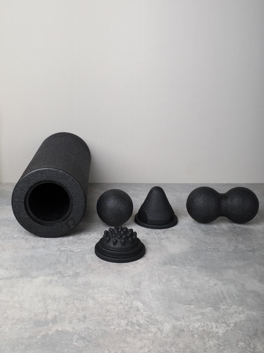 Набор массажный для МФР 5в1 / Ролик 37Х15/ мяч 8см /двойной мяч 16Х8 / массажный конус 9.8Х8  / массажная полусфера 9.8Х4.5 / Black /уп 12