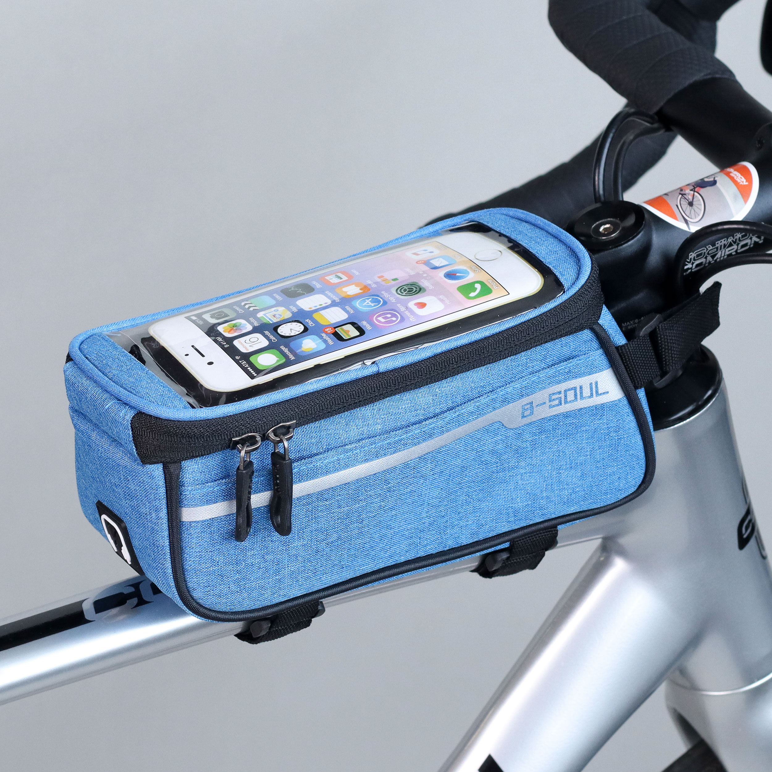 Сумка велосипедная на раму BICYCLE SOUL, с отделением для смартфона 6.0", основной отсек на молнии, голубая, 21x10.5x9см. /уп 50/