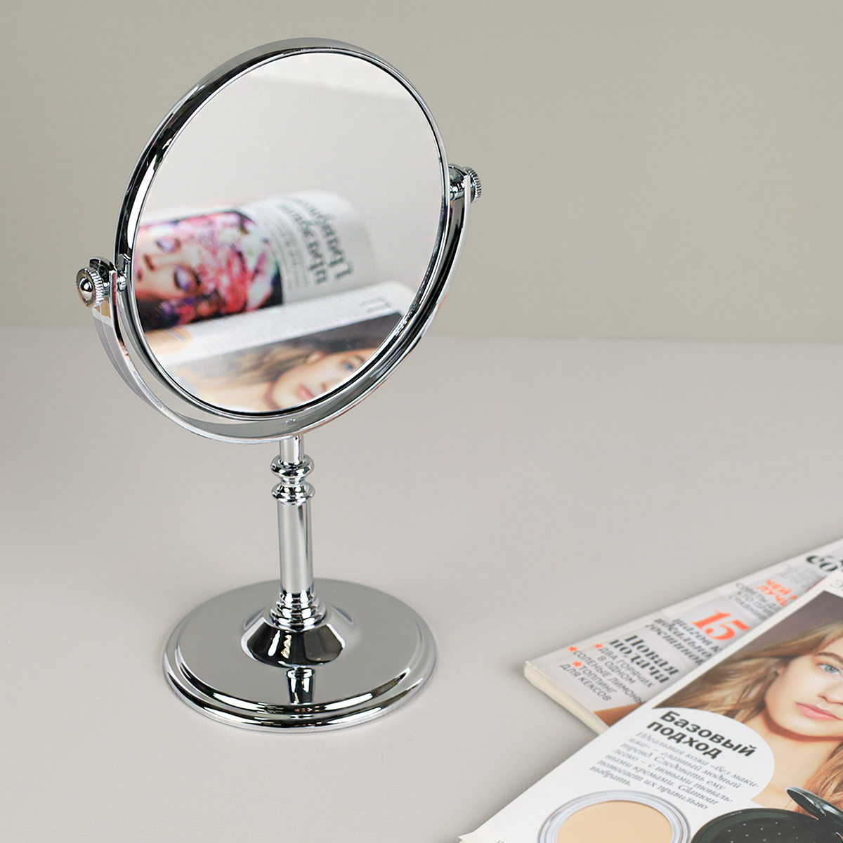 Зеркало настольное круглое двустороннее 16 см / CW419-10 /уп 60/серебро