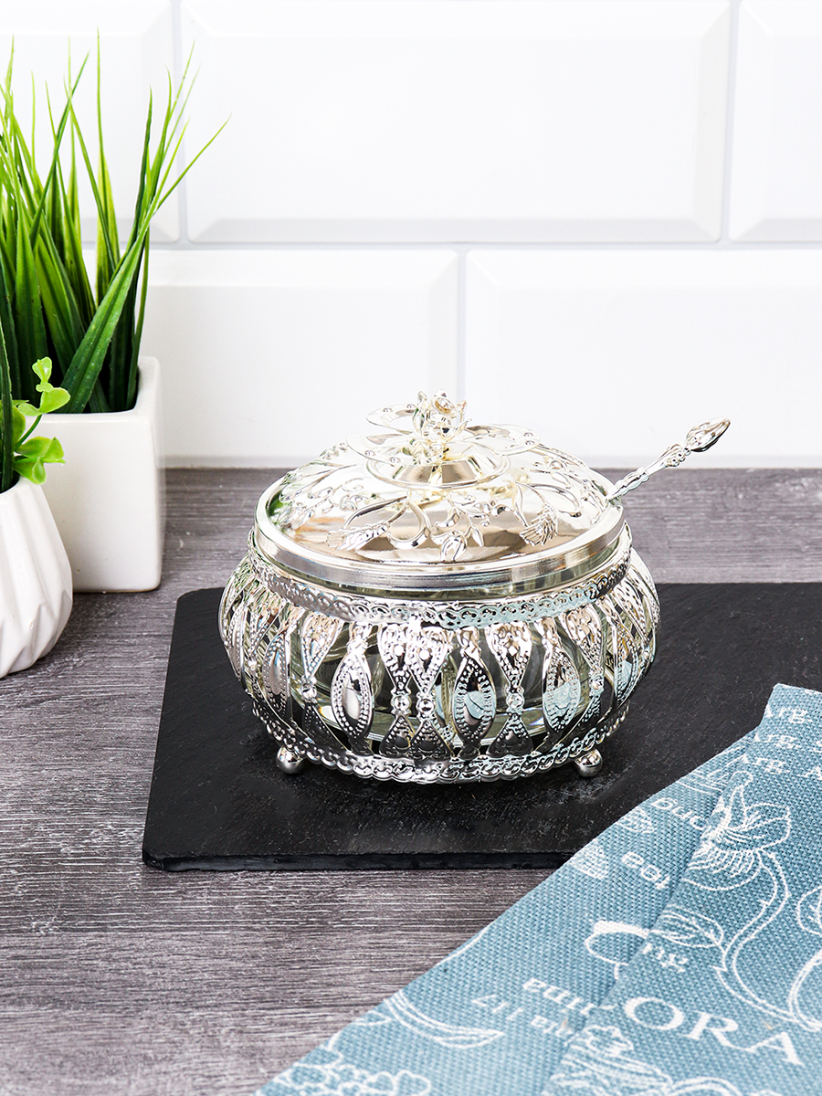 Сахарница с ложкой / 998-9-SILVER /уп 96/