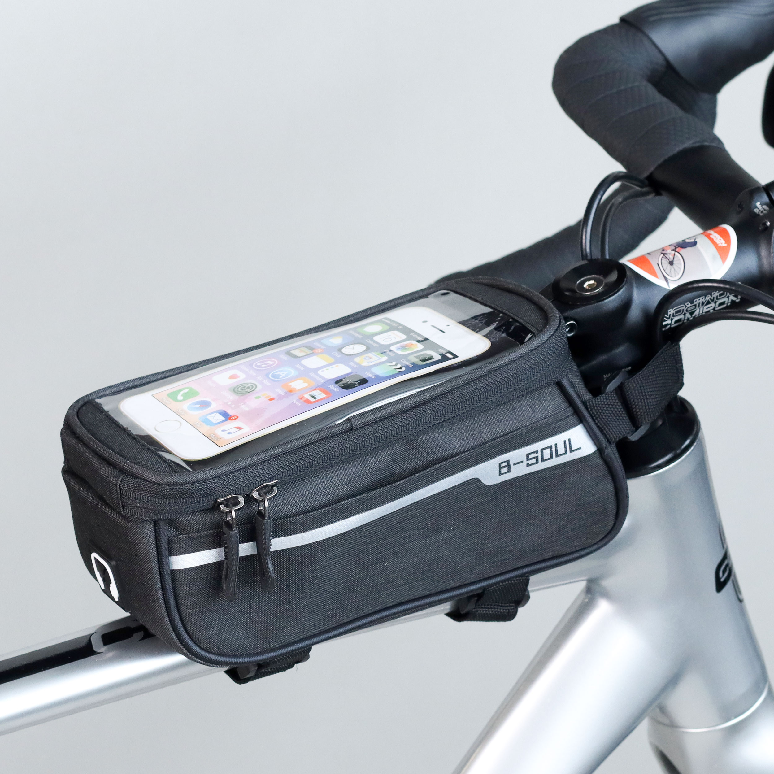 Сумка велосипедная на раму BICYCLE SOUL, с отделением для смартфона 6.0", основной отсек на молнии, черная, 21x10.5x9см. /уп 50/