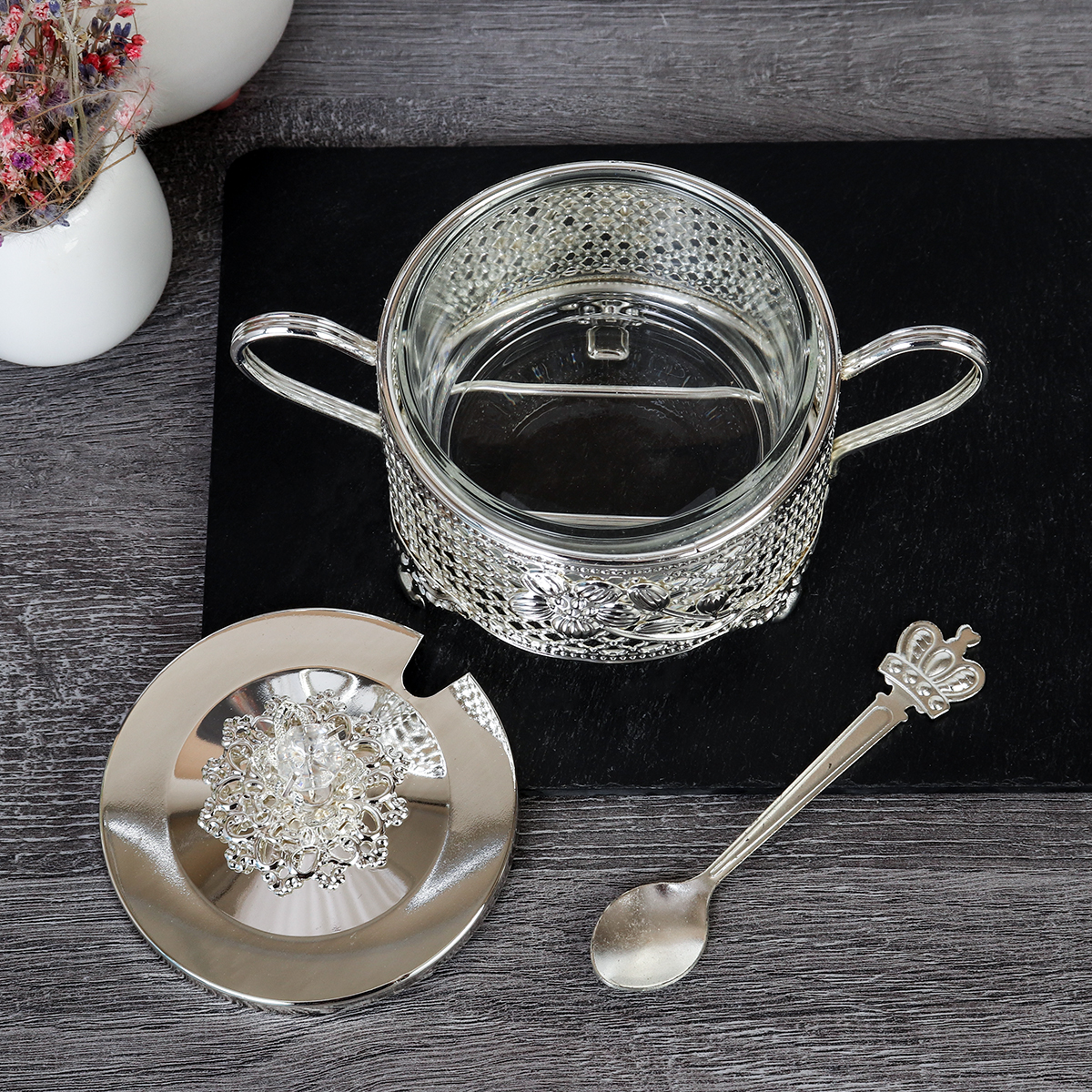 Сахарница 200 мл с ложкой / 889-3-SILVER /уп 96/