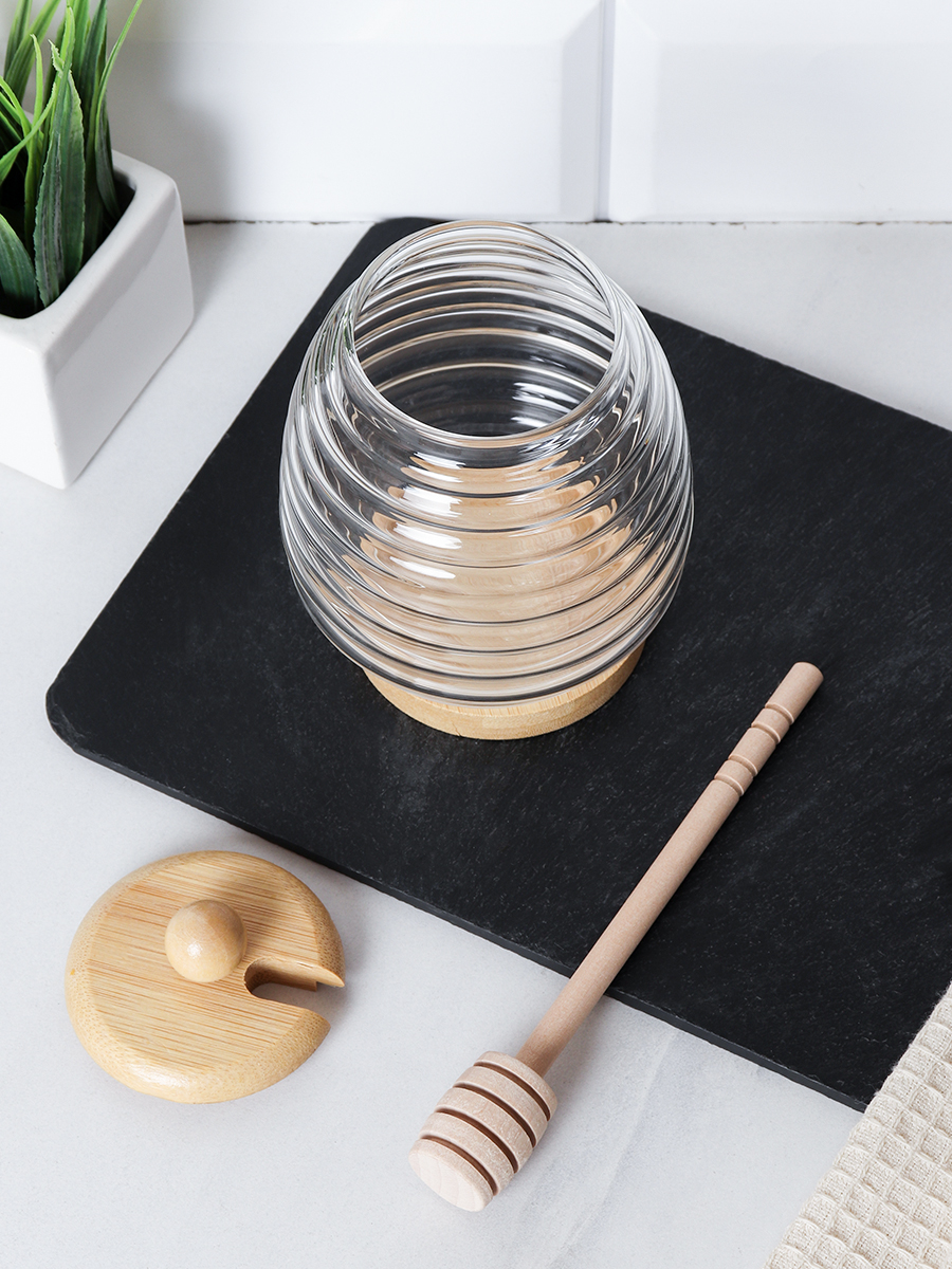 Банка для меда с ложкой на подставке бамбуковая крышка 400 мл / 7458 /уп 120/