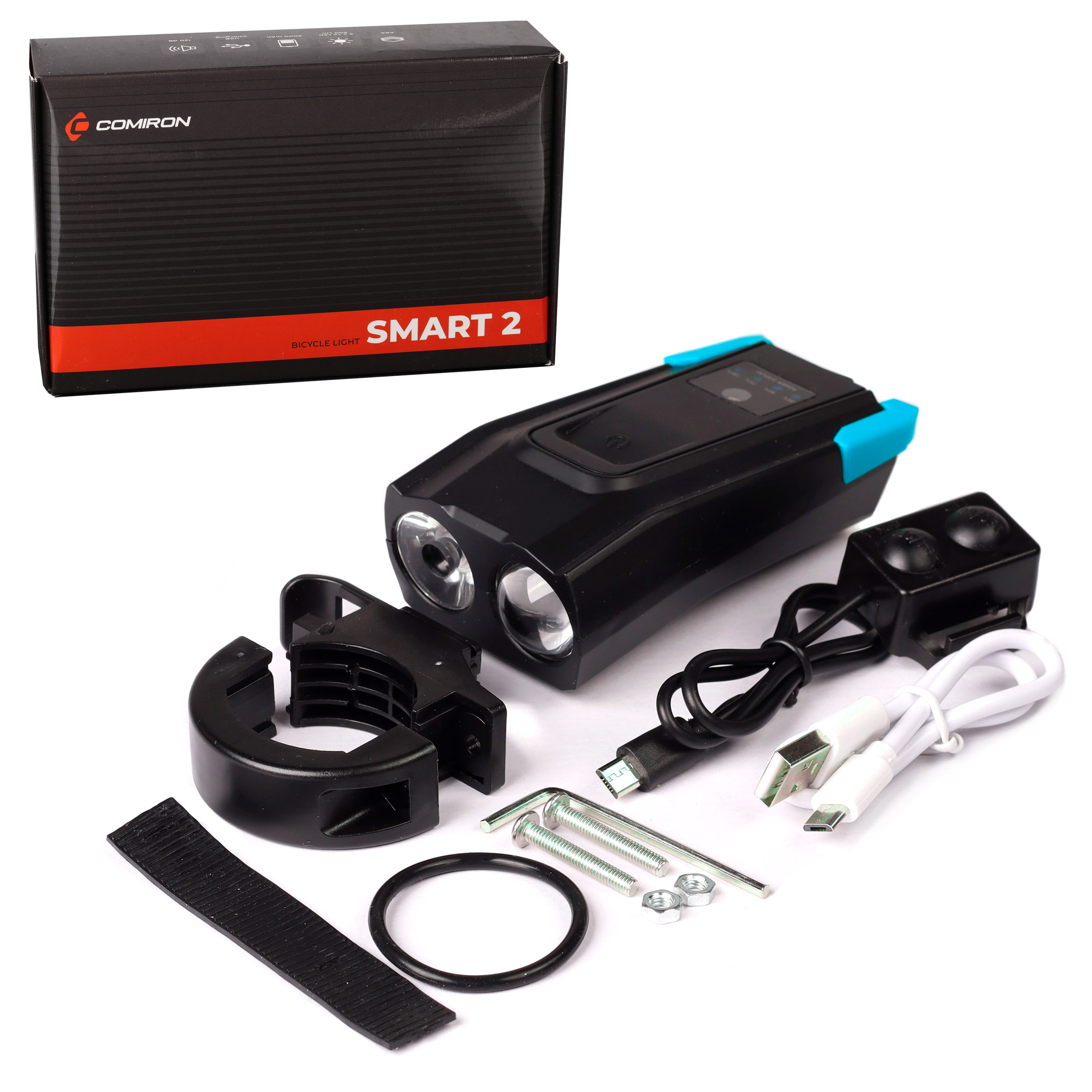 Фонарь передний  интеллектуальный COMIRON "SMART4" ABS; свет: 2xT6, 800lm; 4000 mAh, USB; ближний/дальний свет, сигнал 120Дб., 5 режимов синий /уп 50/