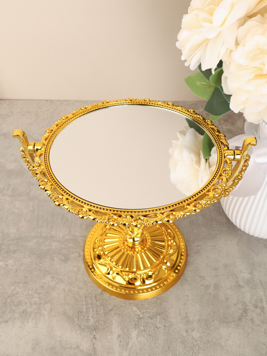 Зеркало настольное ажурное двустороннее 26 см круглое / YDW-08 /уп 48/золото