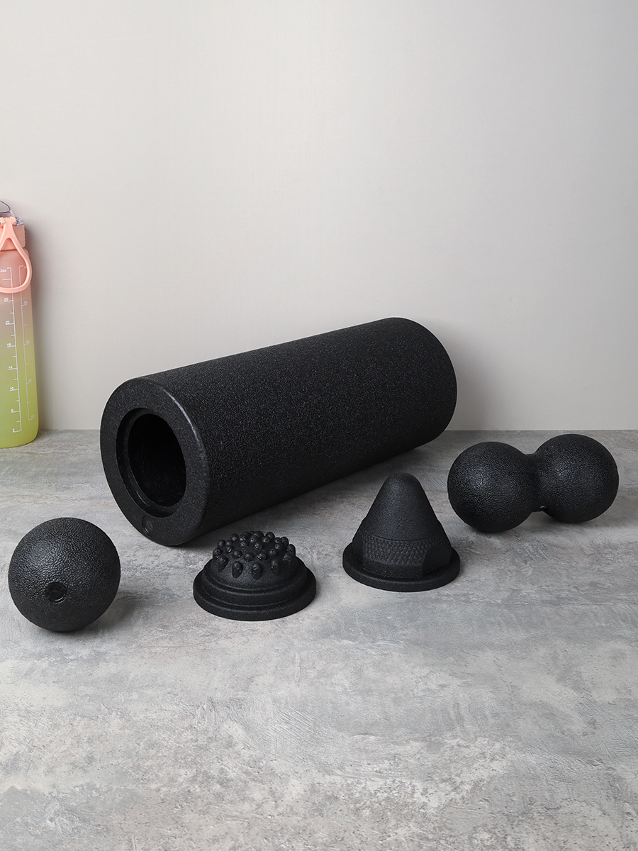 Набор массажный для МФР 5в1 / Ролик 37Х15/ мяч 8см /двойной мяч 16Х8 / массажный конус 9.8Х8  / массажная полусфера 9.8Х4.5 / Black /уп 12