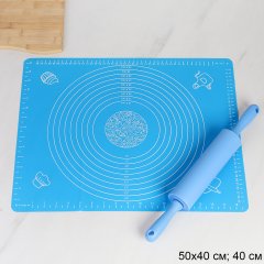 Кондитерский набор Силиконовый коврик 50х40 см и скалка / GY-633-E+GR-476 Голубой