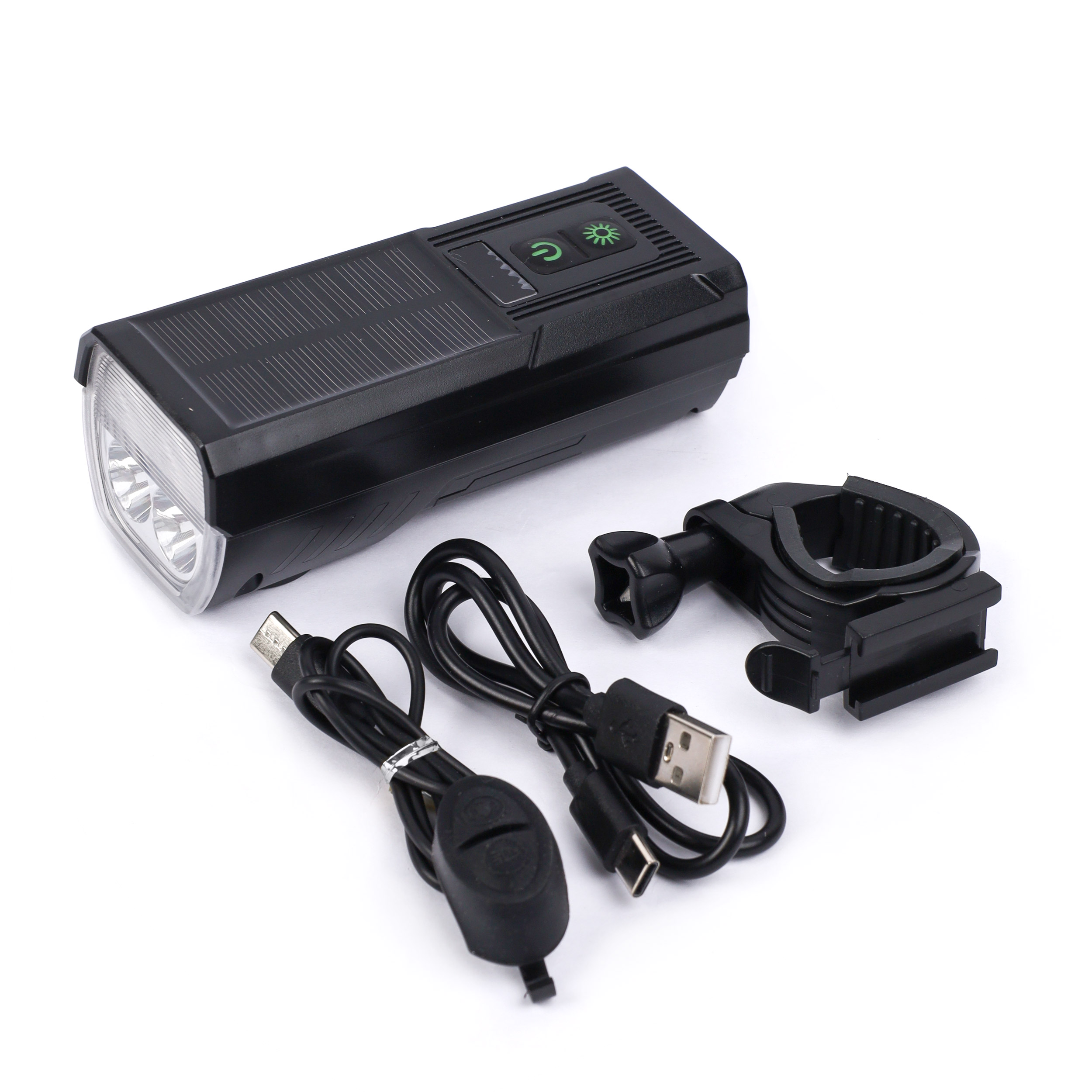 Фонарь передний COMIRON "SOLAR LIGHT", корпус: PC CARBON, свет: LED T6, 1000lm, 4000 mAh, 8 режимов, Type C, солнечная батарея, звонок, 195гр /уп 80/