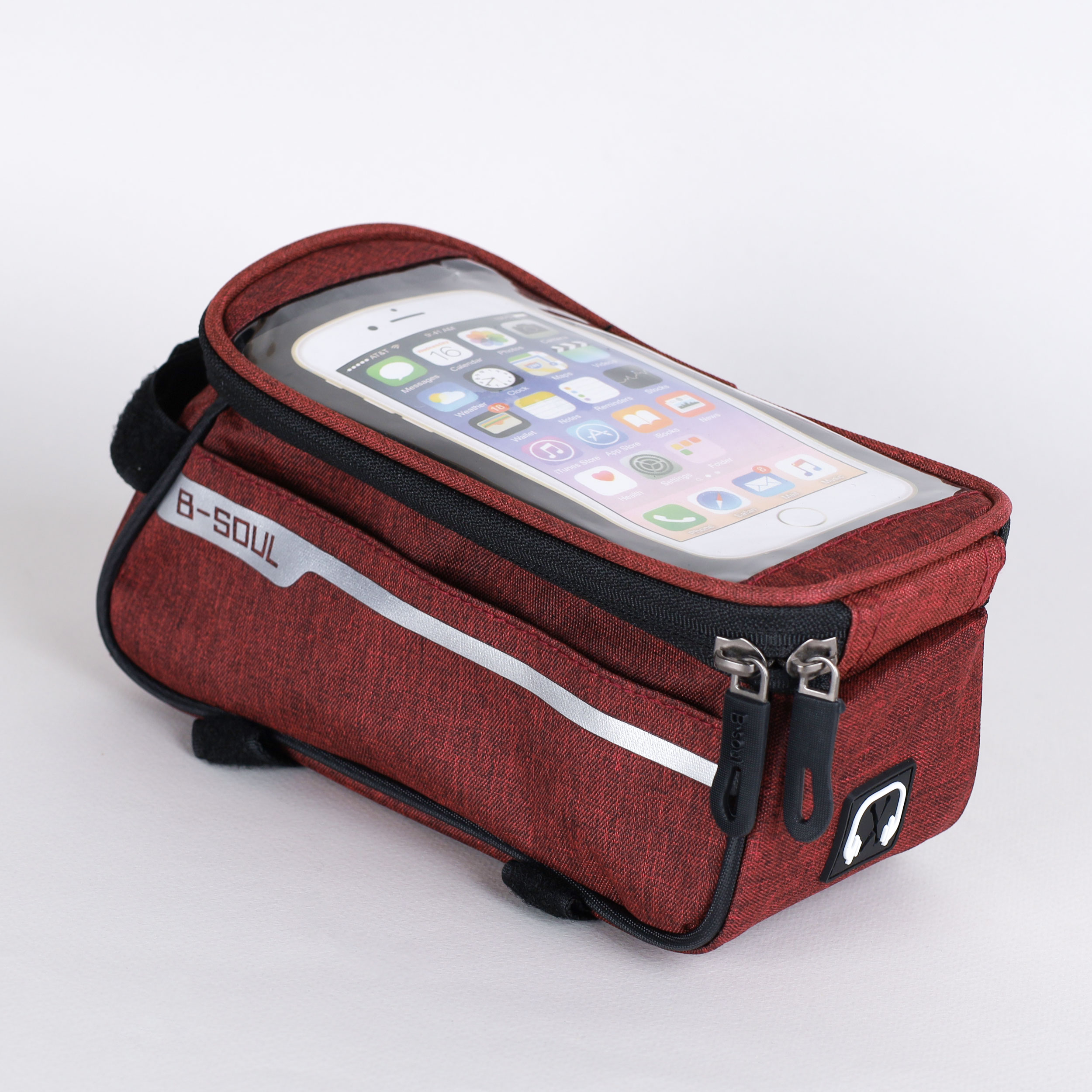 Сумка велосипедная на раму BICYCLE SOUL, с отделением для смартфона 6.0", основной отсек на молнии, бордовая, 21x10.5x9см. /уп 50/