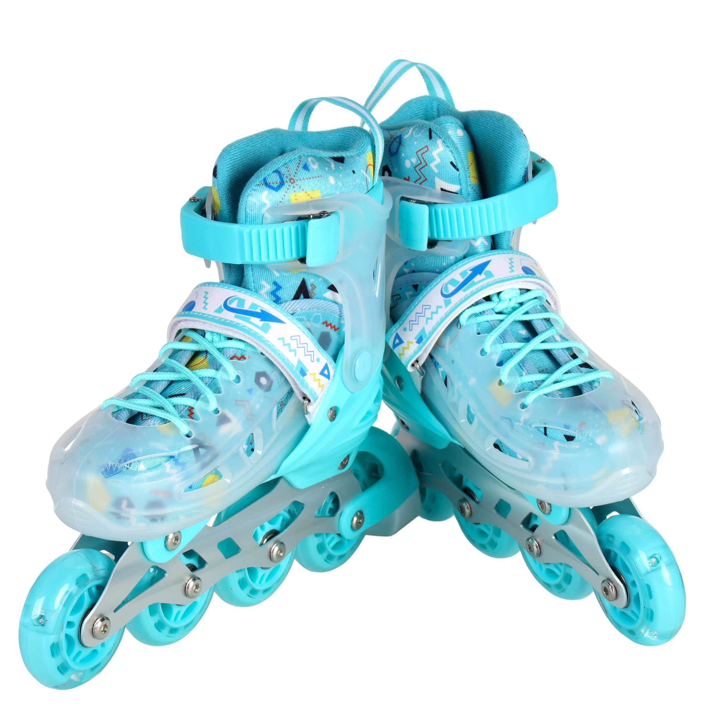 Роликовые коньки COMIRON прозрачный ботинок / 199-1 S /уп 6/ (31-34) бирюзовые