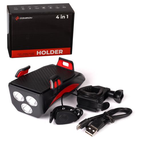 Фонарь передний COMIRON "HOLDER" ABS, IPX5; 3*T6 LED 400lm 4800mAh USB индикатор заряда POWER BANK сигнал 130Дб крепление смартфона красный /уп 20/80/