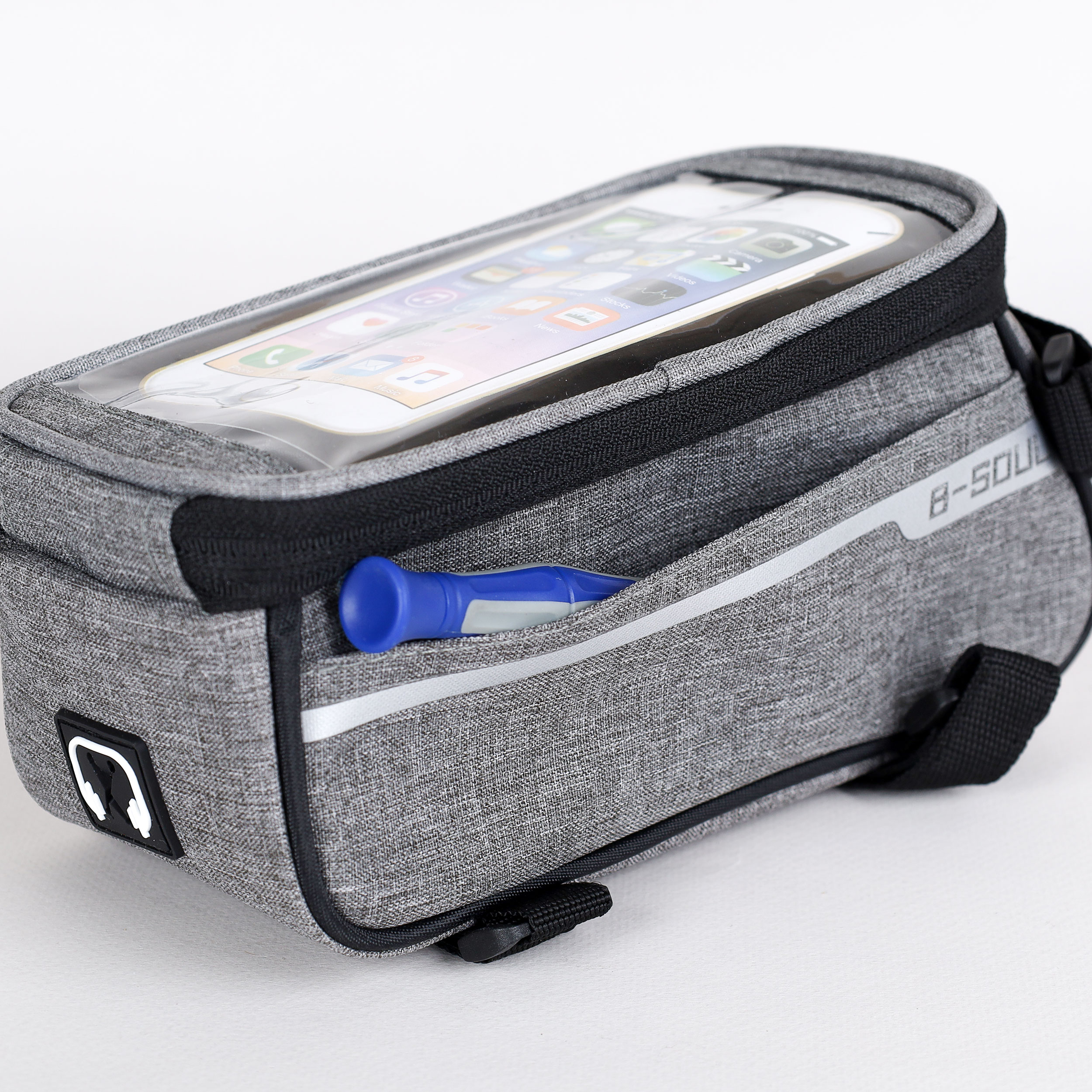 Сумка велосипедная на раму BICYCLE SOUL, с отделением для смартфона 6.0", основной отсек на молнии, серая, 21x10.5x9см. /уп 50/