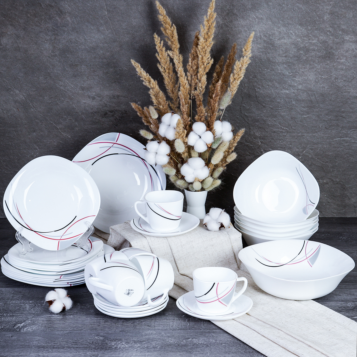 Столовый набор 31 предмет квадратный с чайным набором / 19/8957595/XN (7267) Полосы бордо