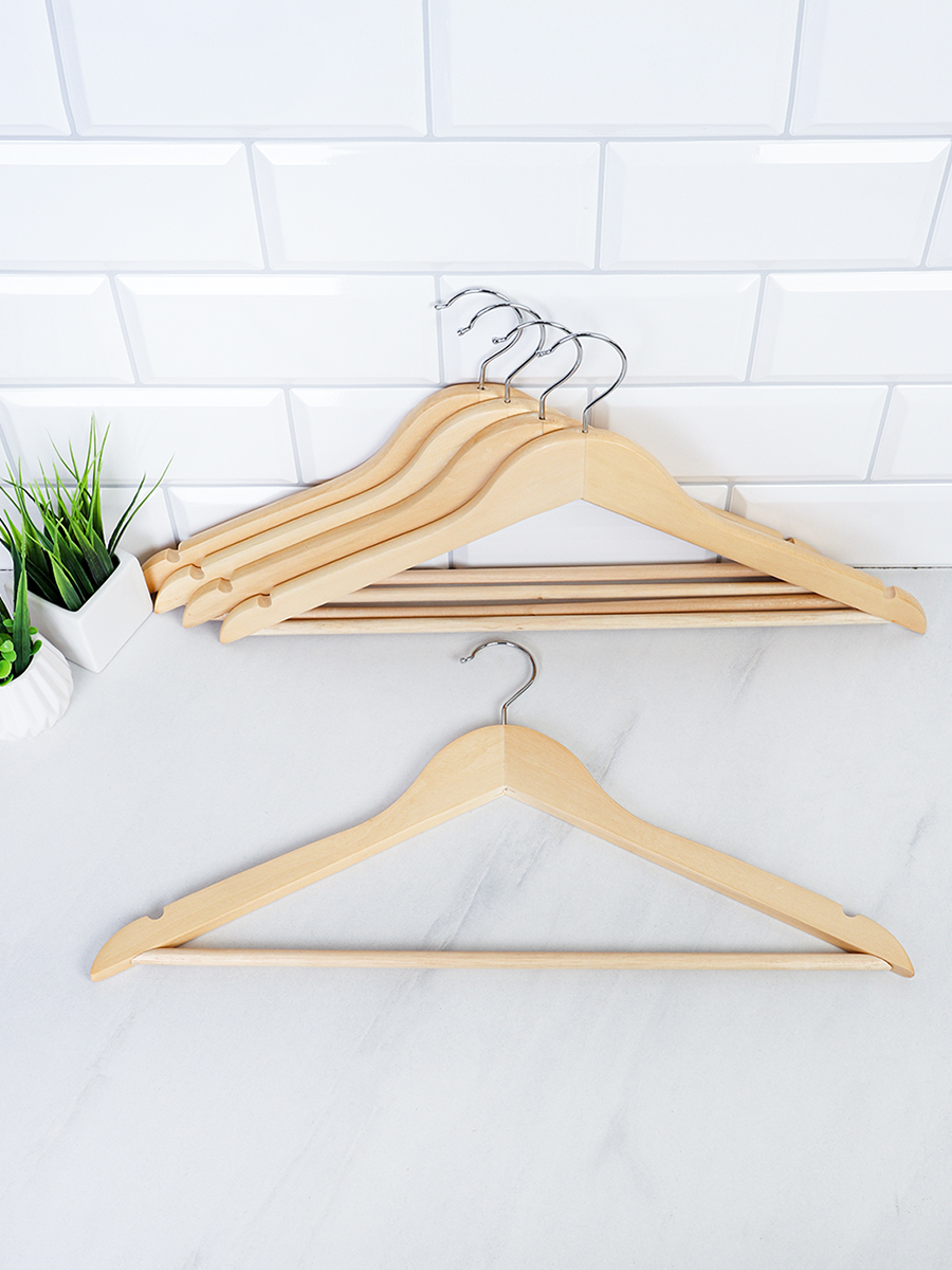 Вешалка для одежды деревянная набор 5 штук 44,5 см / P66R-beige /уп 24/ под резинку