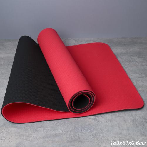 Коврик для йоги и фитнеса спортивный гимнастический двухслойный TPE 6мм. 183х61х0,6 цвет: красный / YM2-TPE-6R / уп 12/