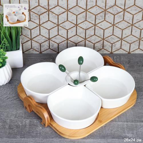 Менажница 4 предмета с 4 шпажками / JD6983 /уп 8/*Ц на деревянной подставке