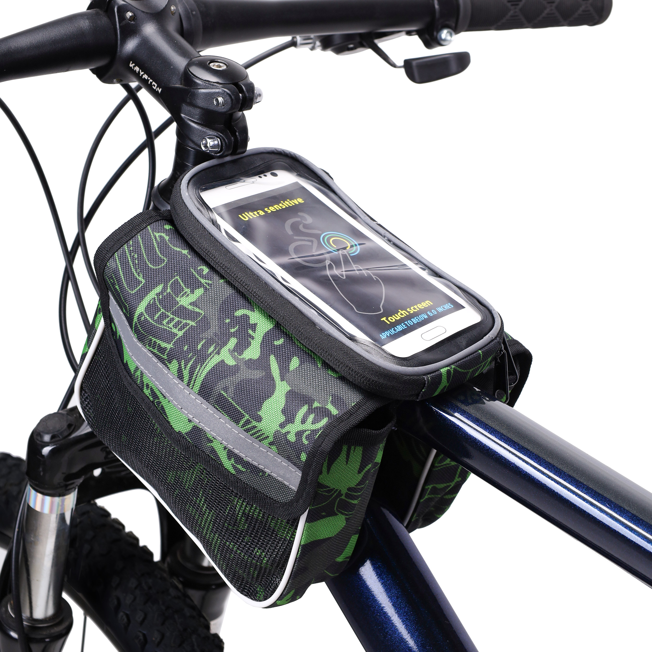 Сумка велосипедная на раму BICYCLE SOUL, с отделением для смартфона, боковые отсеки на липучке. 19*10.5*15см. Зеленый /уп 50/