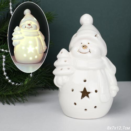 Фигурка Снеговик с подсветкой 13 см новогодний / YZ24719 /уп 48/LED фарфор