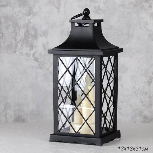 Светильник фонарь настольный Новогодний 31 см черный три свечи / W672-14-2 /уп 24/от батареек