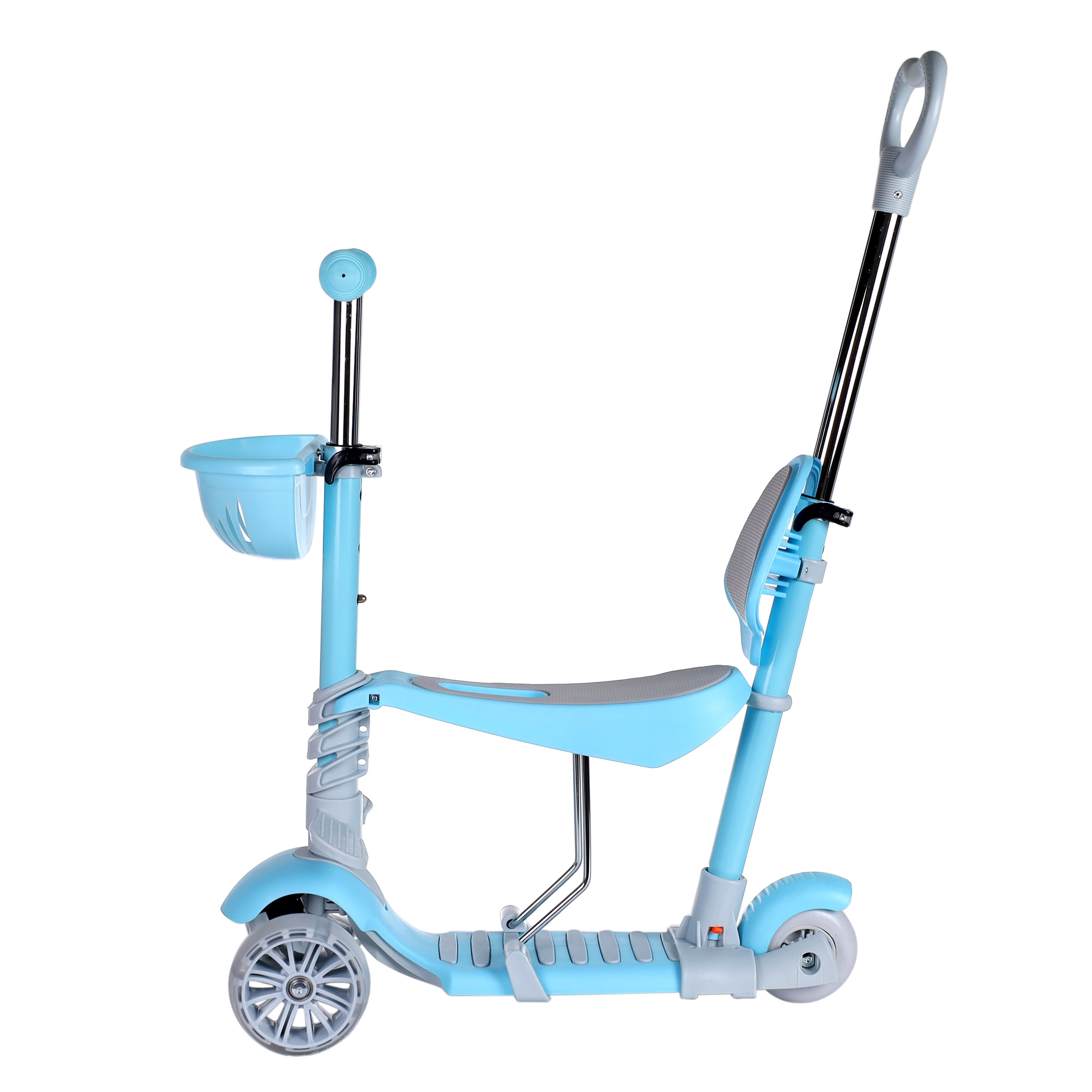 Самокат трёхколёсный  с сиденьем и родительской ручкой для детей от 2-х лет Yeenot 4110D светящиеся колёса PU 120x50 цвет нежно-голубой /уп 6/