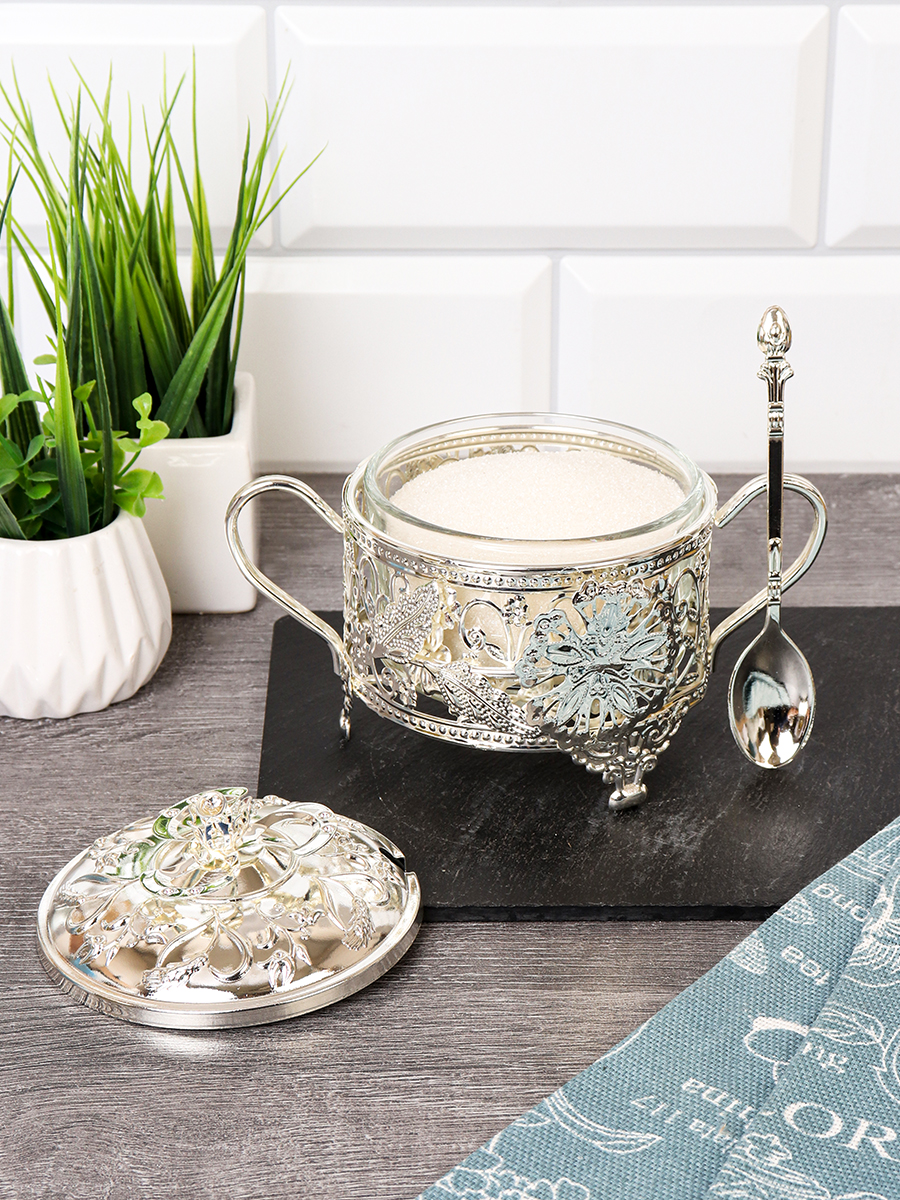 Сахарница с ложкой / 994-7-SILVER /уп 96/