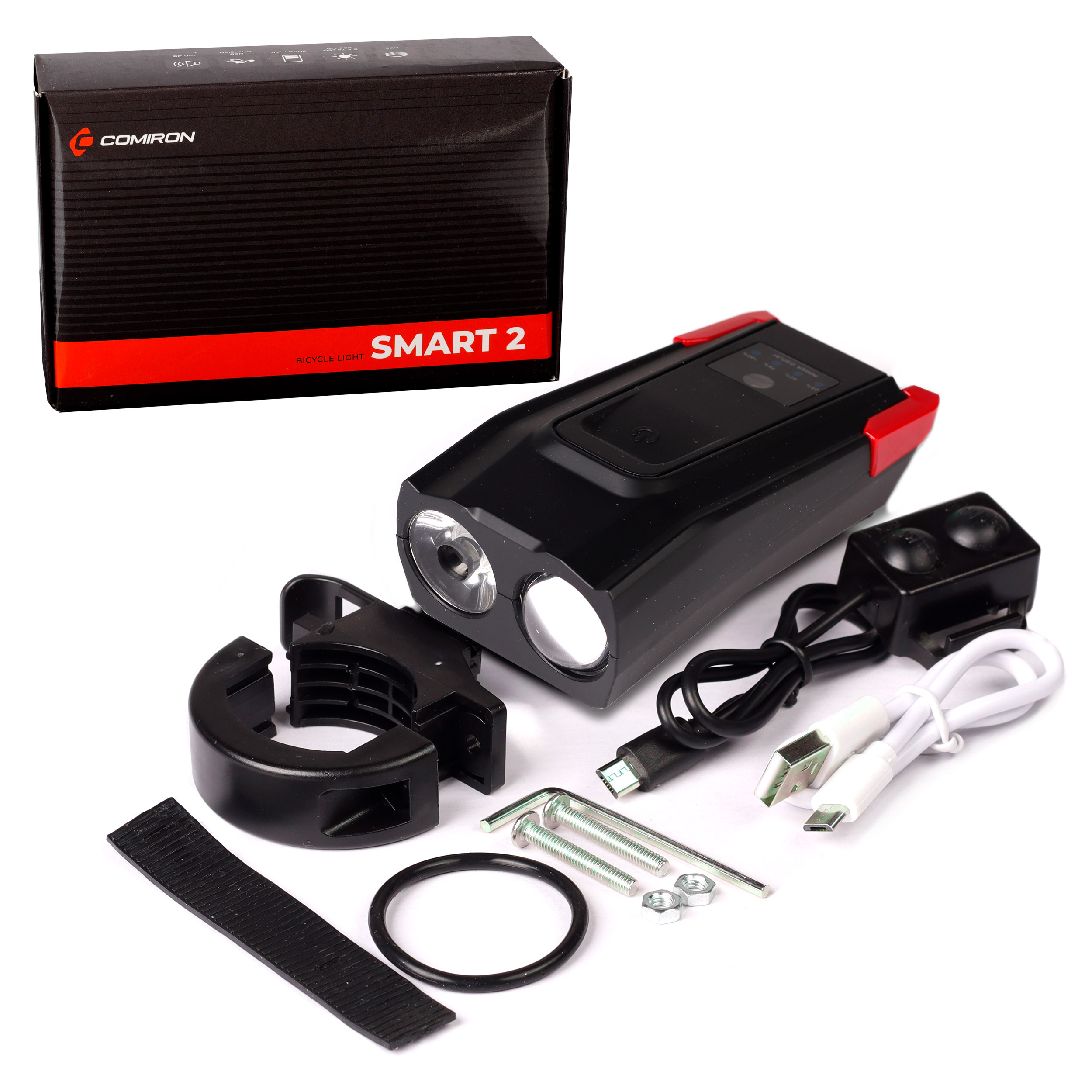 Фонарь передний  интеллектуальный COMIRON "SMART2" корпус: ABS, свет: LED T6, 800lm, 2000 mAh, 5 режимов, USB-micro, пульт ДУ, звонок, красный/уп 40/