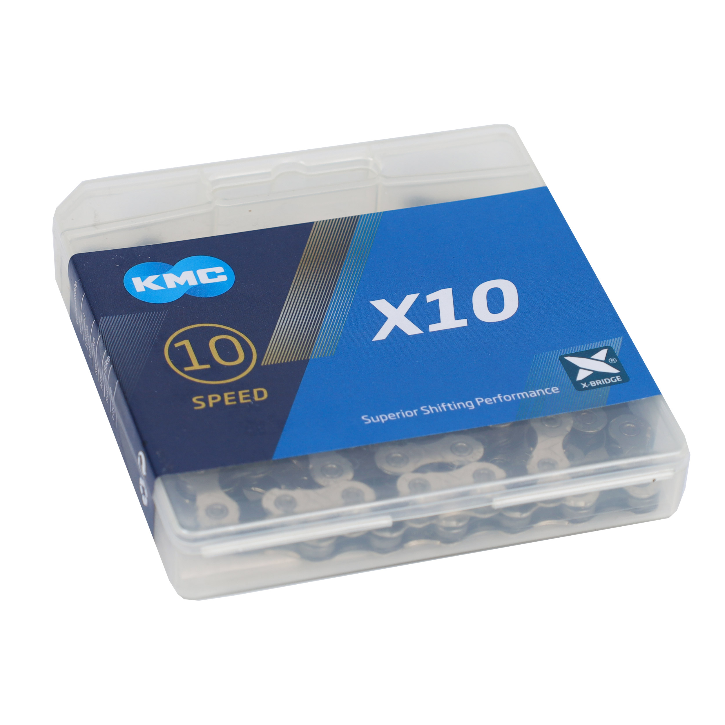 Велосипедная цепь KMC 10 speed. X10. 1/2"x11/128"116звеньев. Asymmetrical 
chamfering. 100% Compatibility. С замком./уп 30/