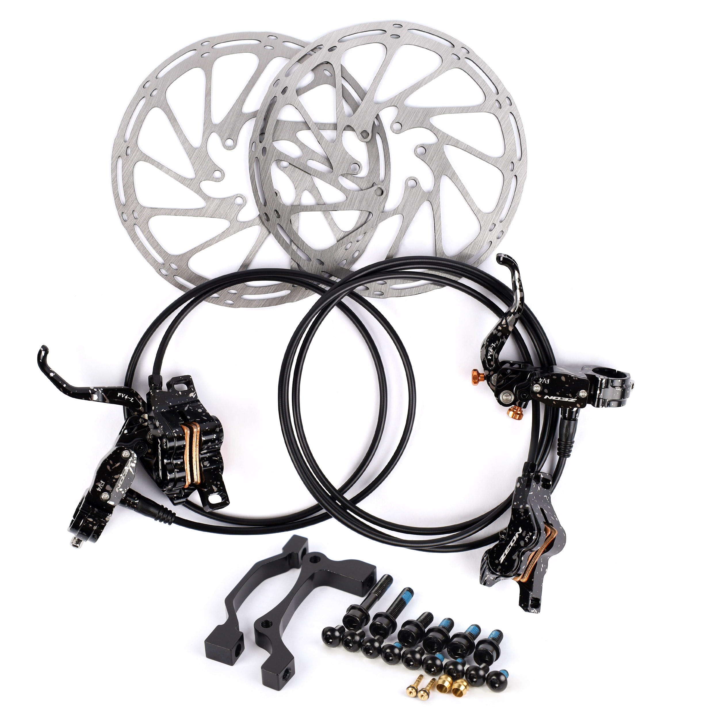 Тормозной набор дисковый гидравлический передний+задний ZEON QUANTUM BREAK 4. 4 поршня, длина передн. =950мм, задн. =1650мм., с ротором 180мм/уп 20/