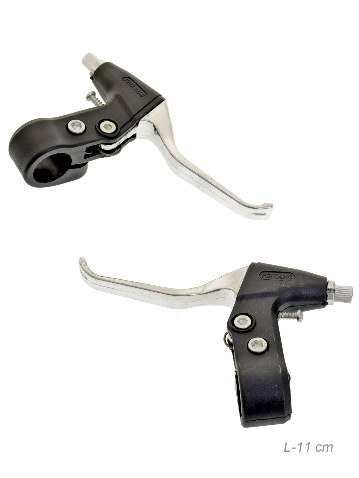 Тормозные ручки алюминиевые ЦЗ-1 на 4 пальца (11см)  + возвратная пружина, чёрное основание и серебристая ручка, пара левая+правая /уп 2/100/