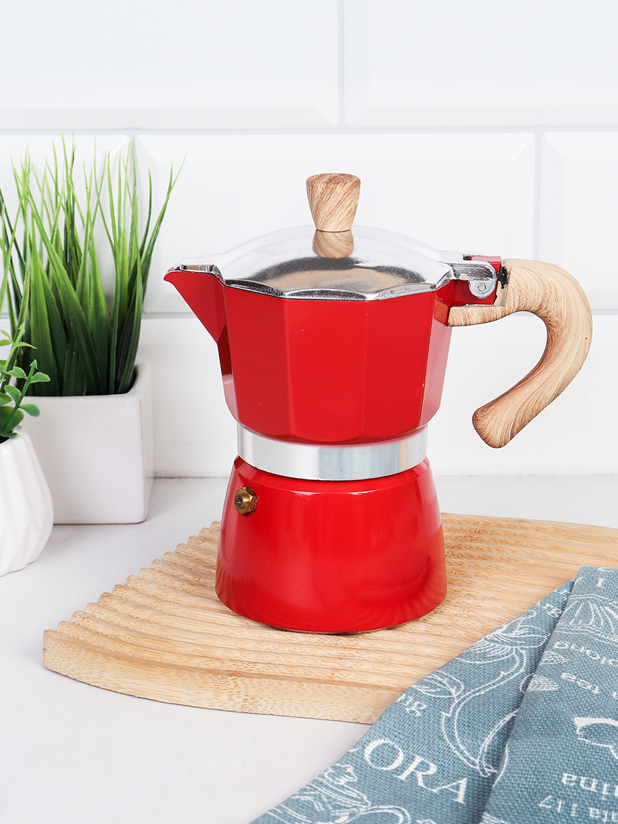 Кофеварка гейзерная 150 мл 3 чашки Красная / RX150-540 /уп 36/