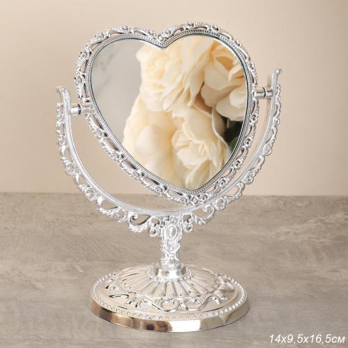 Зеркало настольное ажурное двустороннее 16,5 см сердце / YDW-06 /уп 72/серебро