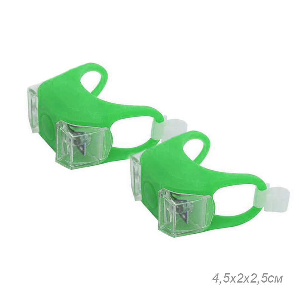 Фонарь двойной LED2 в силиконовом корпусе на руль велосипеда скутера на шлем питание от батареек зелёный набор из 2 штук в блистере /689381/