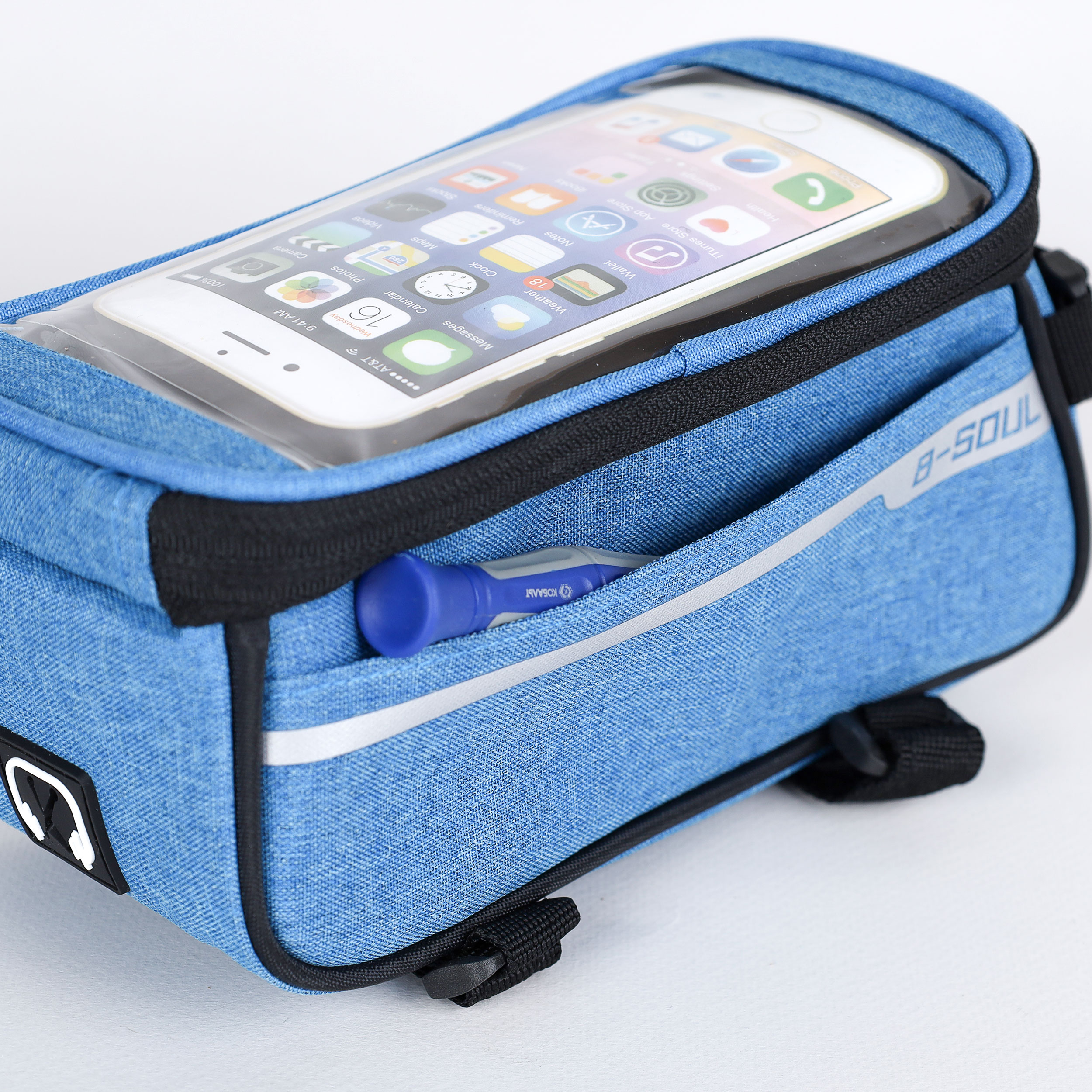 Сумка велосипедная на раму BICYCLE SOUL, с отделением для смартфона 6.0", основной отсек на молнии, голубая, 21x10.5x9см. /уп 50/