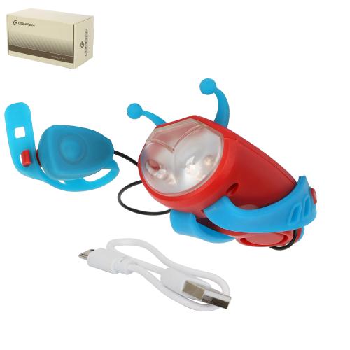Фонарь передний детский COMIRON "JUMPER" корпус PC+Silicone, свет LED 60lm аккум 400 mAh, сигнал 120Дб влагозащищённый, вес 52гр. Красный /уп126/