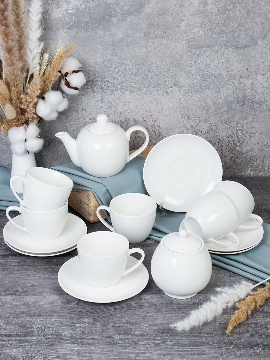 Чайный набор 14 предметов 250 мл Белый / YF8005 /уп 8/ Костяной Акция